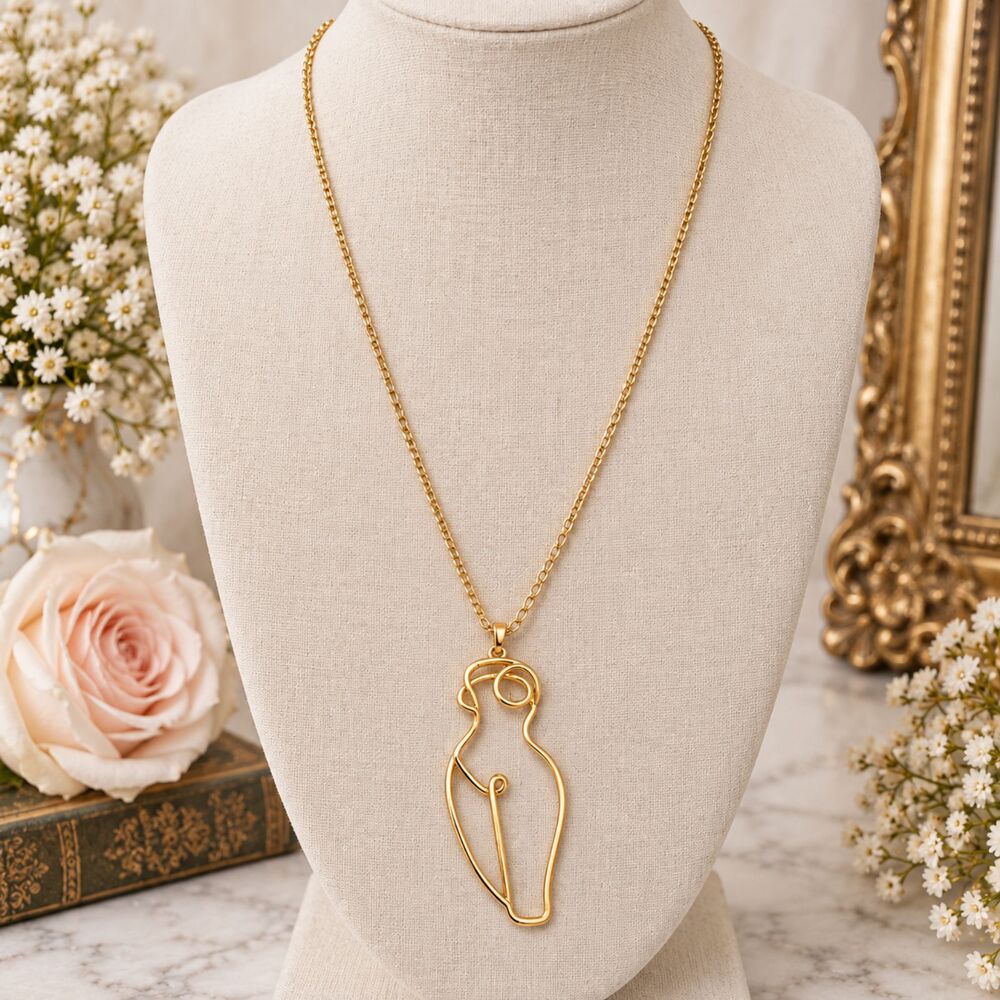 Gold Tone Female Figure Pendant Necklace Abstract Woman Long Chain 28"